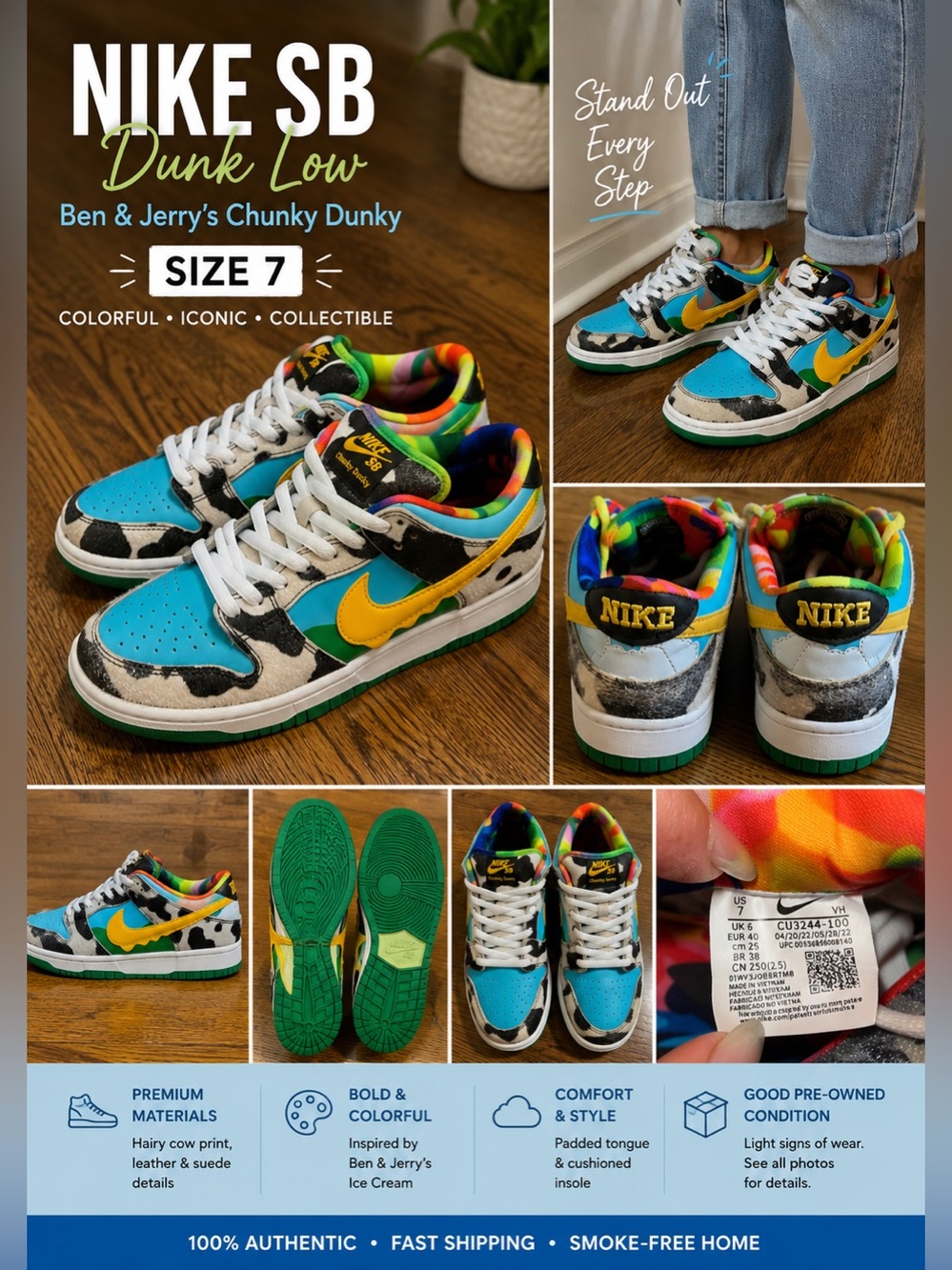 Nike SB Dunk Low Pro QS “Ben & Jerry’s Chunky Dunky” Men’s Size 7 Women’s 8.5
